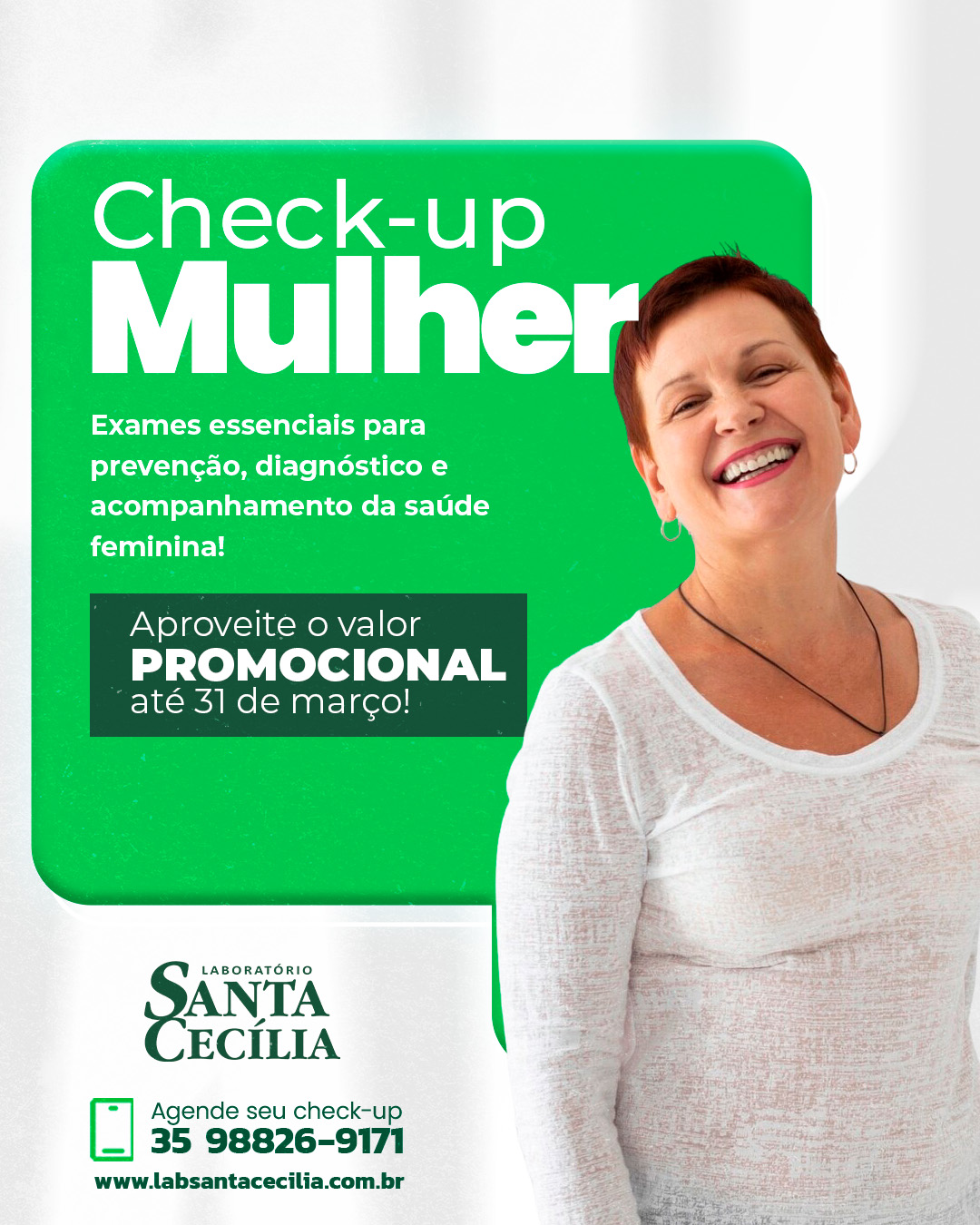Check-up mulher com valor promocional - Laboratório Santa Cecília - Lavras Minas gerais
